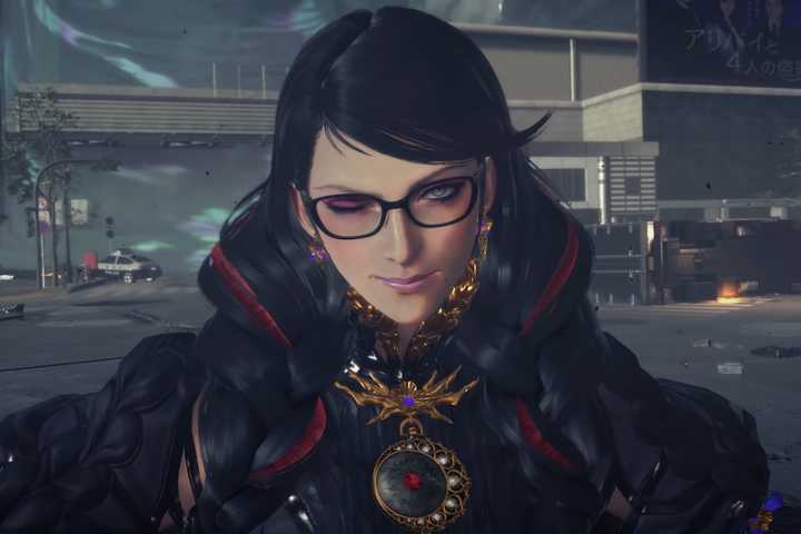 Bayonetta winking at the player in a Bayonetta 3 trailer.