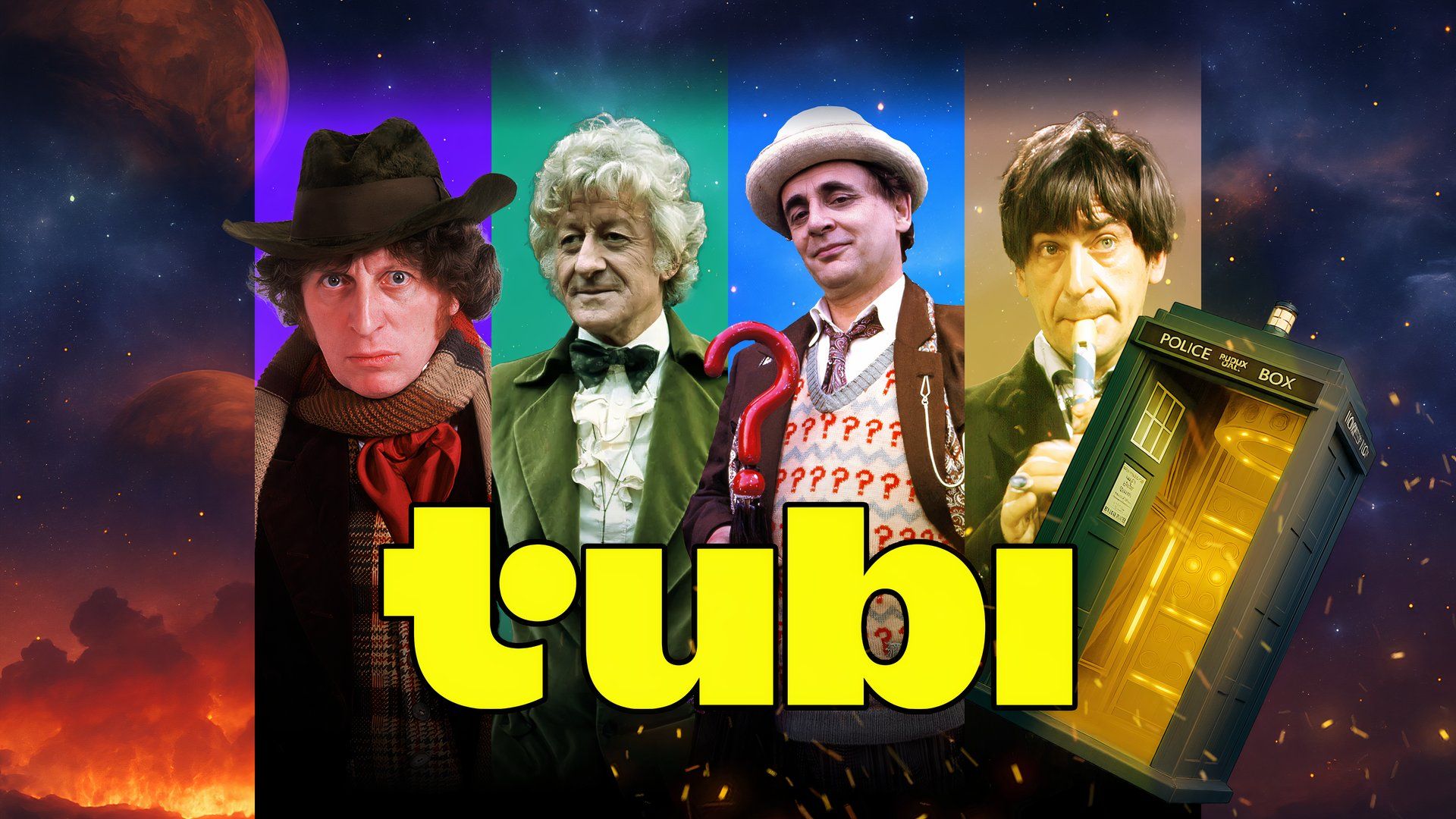 Four classic Doctors from Doctor Who are shown in colorful vertical panels against a space background, with the Tubi logo at the center and the glowing TARDIS on the right side.