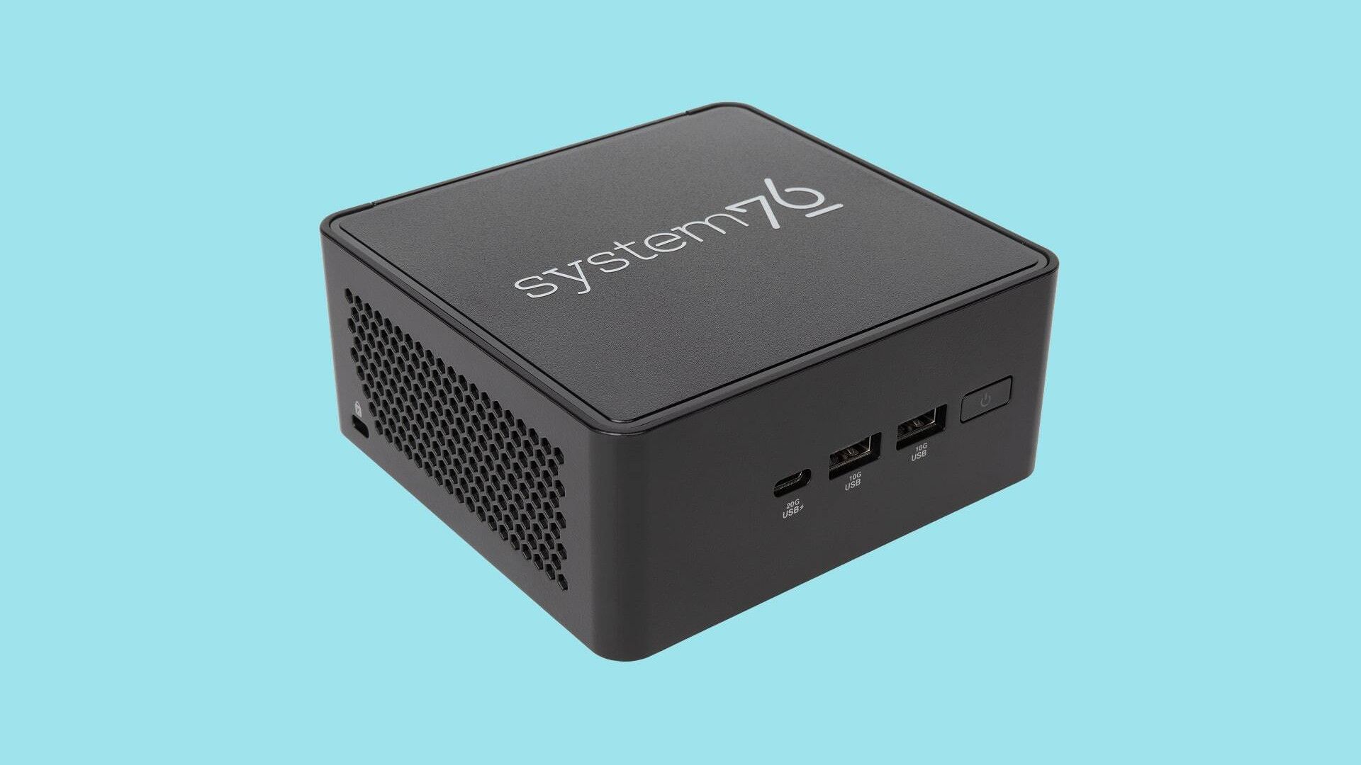 The refreshed System76 Meerkat mini PC on a blue background.