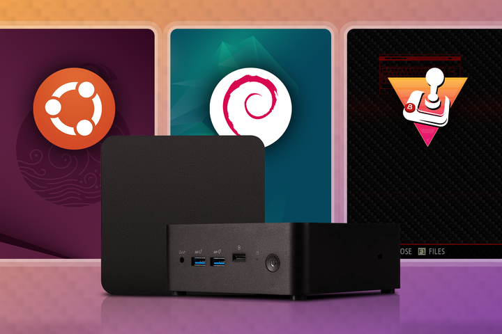 Mini PC with three screens behind it displaying logos of some Linux distributions.