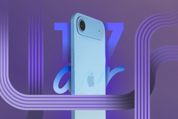 Rumored iPhone 17 Air displayed with a gradient background and curved lines.
